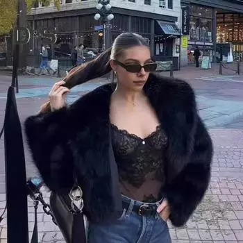 Осень-зима Женский кардиган Пальто Искусственный мех Утолщенный плюш Отложной воротник Чистый цвет Длинные рукава Однотонный кардиган Куртка S слоновая кость