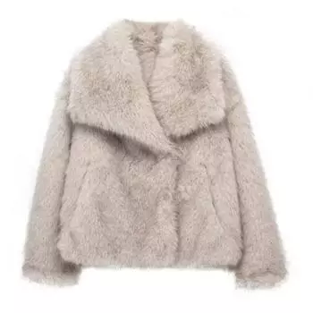 Осень-зима Женский кардиган Пальто Искусственный мех Утолщенный плюш Отложной воротник Чистый цвет Длинные рукава Однотонный кардиган Куртка S слоновая кость