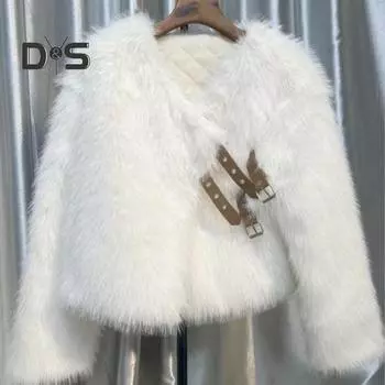 Осень-зима, женский кардиган, пальто, пушистый плюш, пряжка и ремешок, декор, V-образный вырез, длинные рукава, утолщенный однотонный искусственный мех, вязаный свитер, куртка S хаки