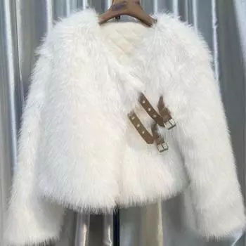 Осень-зима, женский кардиган, пальто, пушистый плюш, пряжка и ремешок, декор, V-образный вырез, длинные рукава, утолщенный однотонный искусственный мех, вязаный свитер, куртка S хаки