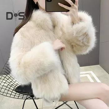 Осень-зима, женский кардиган, пальто, пушистый плюшевый воротник-стойка, сохраняющий тепло, длинные рукава, утолщенный, короткий, однотонный, из искусственного меха S бежевый