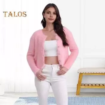 Осень-зима, женский кардиган, пальто, пушистый плюш, однобортный, с U-образным вырезом, с длинными рукавами, утолщенный, однотонный, из искусственного меха, вязаный свитер, куртка розовый