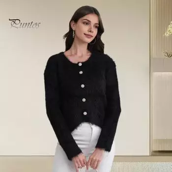 Осень-зима, женский кардиган, пальто, пушистый плюш, однобортный, с U-образным вырезом, с длинными рукавами, утолщенный, однотонный, из искусственного меха, вязаный свитер, куртка чёрный