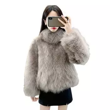 Осень-зима, женский кардиган, пальто, пушистый плюшевый воротник-стойка, сохраняющий тепло, длинные рукава, утолщенный, короткий, однотонный, из искусственного меха S хаки