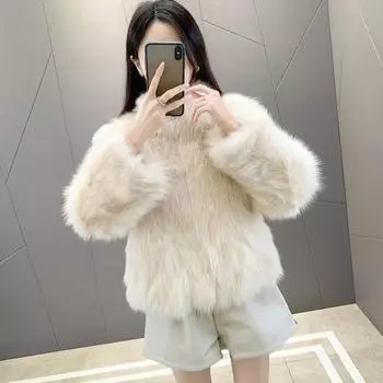 Осень-зима, женский кардиган, пальто, пушистый плюшевый воротник-стойка, сохраняющий тепло, длинные рукава, утолщенный, короткий, однотонный, из искусственного меха S хаки