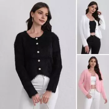 Осень-зима, женский кардиган, пальто, пушистый плюш, однобортный, с U-образным вырезом, с длинными рукавами, утолщенный, однотонный, из искусственного меха, вязаный свитер, куртка белый