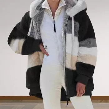 Осень-зима Женский кардиган Пальто Утолщенный плюшевый капюшон Воротник кулиска Свободный ветрозащитный M фиолетовый