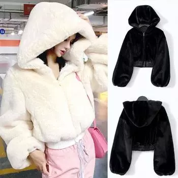 Осень-зима Женский кардиган Пальто Утолщенный плюшевый капюшон с воротником Свободный ветрозащитный однотонный S белый
