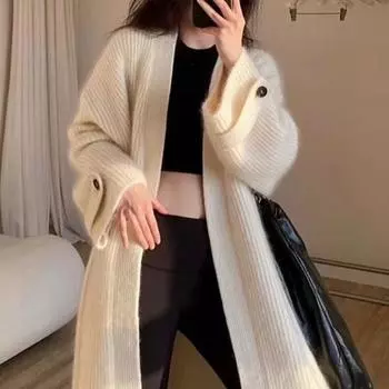 Осень-зима Женский кардиган с длинным рукавом и пуговицами, пальто, женский мешковатый трикотажный свитер One Size белый
