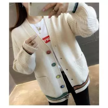 Осень-зима женский кардиган вязаный свитер V-образный вырез свободная куртка с длинным рукавом мода 2024 новые повседневные верхние пальто женские пуговицы карманы одежда 2591 One Size хаки