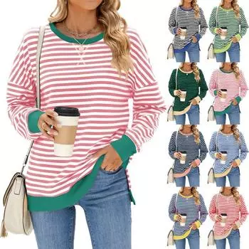 Осень-зима, женский контрастный цветной пуловер с длинными рукавами, круглым вырезом, разрезом, толстовки, повседневная свободная полосатая толстовка больших размеров для женщин S