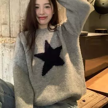 Осень-зима женский круглый вырез свитер свитер повседневный серый свободный топ осенне-зимние длинные рукава вязаные свитера простая одежда 1955 One Size серый