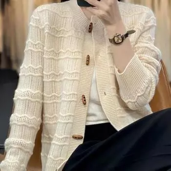 Осень-зима женский круглый вырез универсальный корейский вариант женский свитер куртка высшего качества повседневный женский теплый вязаный кардиган свитера S верблюд