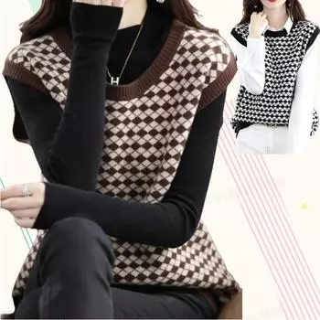 Осень-зима женский модный ретро-аргайл без рукавов шикарный свободный свитер жилет Y2K женский повседневный уличный трикотажный жилет с круглым вырезом One Size чёрный