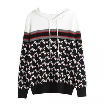 Осень-зима Женский мультяшный жаккардовый свитер с капюшоном и вязаным свитером One Size чёрный