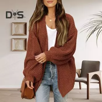 Осень-зима Женский однотонный кардиган свитер-фонарик с длинным рукавом и открытым передом Вязаное пальто средней длины Трикотаж Верхняя одежда белый