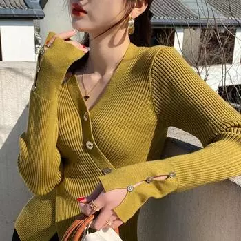 Осень-зима Женский однотонный трикотажный свитер с V-образным вырезом и пуговицами Femme Y2k с длинным рукавом Нестандартный пуловер Топы Модная одежда One Size