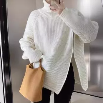 Осень-зима женский однотонный вязаный свитер с застежкой-молнией и разрезом, женский длинный рукав, водолазка, свободный пуловер бежевый