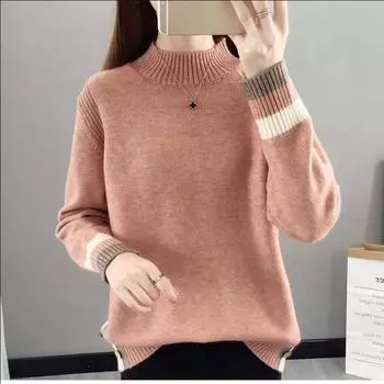 Осень-зима женский полуводолазка свитер свободный вязаный свитер топ пуловер вязаный джемпер верхняя одежда S розовый