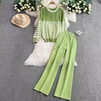 Осень Зима Женский Повседневный Полосатый Вязаный Свитер с Перекрутом и Брюки Комплект из Двух Предметов Топы Пуловер с Круглым Вырезом и Брючный Костюм с Широкими Штанинами и Карманами One Size зелёный