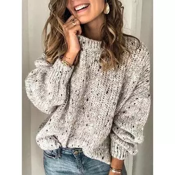 Осень Зима Женский Повседневный Вязаный Свитер Длинный Рукав Круглый Вырез Вязаный Пуловер Женские Топы S светло-серый