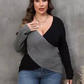 Осень-зима женский пуловер большого размера контрастного цвета с глубоким v-образным вырезом и крестиком сексуальный свитер 1XL фиолетовый