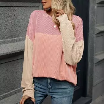 Осень-зима Женский пуловер с длинными рукавами Повседневный круглый вырез Контрастные цвета Большие размеры Толстовки средней длины S красный