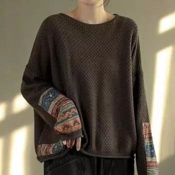 Осень-зима женский ретро национальный стиль аппликация хлопковая нить вязаный свитер свободный литературный круглый вырез пуловер топ One Size кофейный