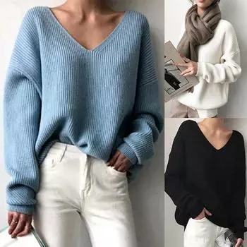 Осень-зима Женский сексуальный свитер с V-образным вырезом, ленивый однотонный повседневный свитер, свободные свитера, топы One size белый