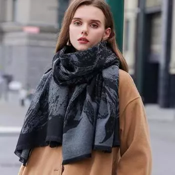 Осень-зима женский шарф соответствующего цвета с принтом толстый длинный широкий термос кисточкой мягкая защита шеи регулируемый декоративный легкий солнцезащитный козырек чёрный