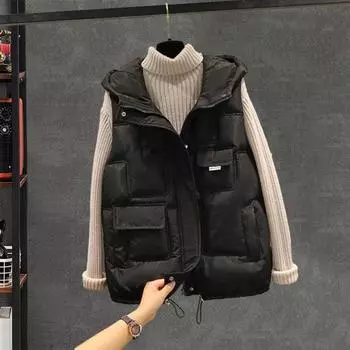 Осень-зима женский стеганый жилет однотонный пуховый хлопковый жилет с капюшоном и карманами на молнии женский жилет куртка без рукавов женское пальто