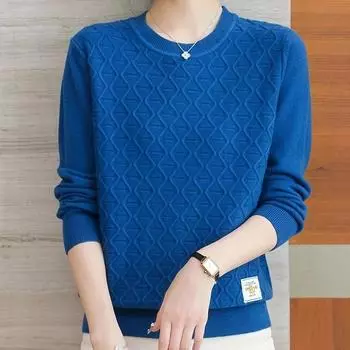 Осень-зима Женский свитер больших размеров Свободный короткий пуловер Трикотажный свитер Жаккардовый круглый вырез Трикотажный топ Эластичный джемпер L синий