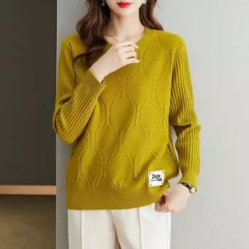 Осень-зима Женский свитер больших размеров Свободный короткий пуловер Трикотажный свитер Жаккардовый круглый вырез Стрейч Джемпер Трикотажный топ M кирпич красный