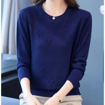 Осень-зима Женский свитер больших размеров с длинным рукавом Свободный круглый вырез Трикотажный свитер со стразами Трикотажный топ Эластичный джемпер S чёрный