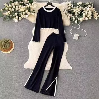Осень-зима женский свитер брюки комплект повседневные пуловеры костюмы трикотажные свободные длинные рукава полосатые элегантные топы комплект из двух предметов L чёрный
