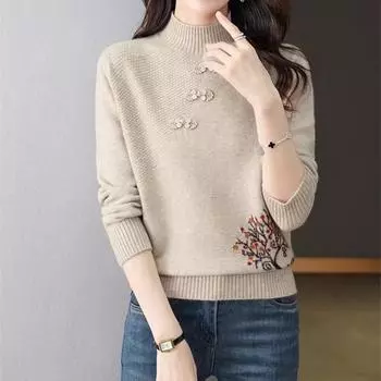 Осень-зима Женский свитер Модные теплые рубашки с короткими рукавами и полувысоким воротником Базовый трикотаж Однотонные пуловеры с длинными рукавами One Size верблюд