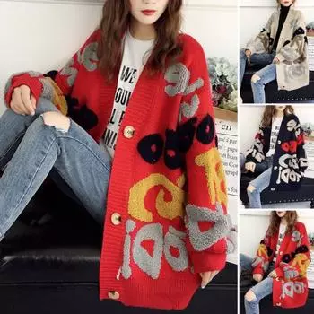 Осень-зима женский свитер пальто с буквенным узором подходящего цвета свободный толстый вязаный однобортный кардиган средней длины с длинными рукавами женский уютный свитер хаки