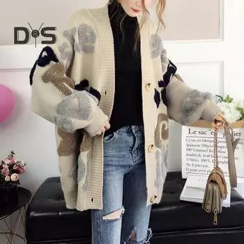 Осень-зима женский свитер пальто с буквенным узором подходящего цвета свободный толстый вязаный однобортный кардиган средней длины с длинными рукавами женский уютный свитер красный