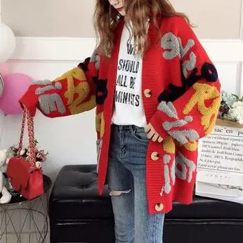 Осень-зима женский свитер пальто с буквенным узором подходящего цвета свободный толстый вязаный однобортный кардиган средней длины с длинными рукавами женский уютный свитер темно-синий