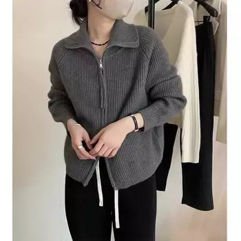 Осень-зима женский свитер пальто с воротником-лацканом длинный рукав вязаный кардиган повседневный свитер на молнии куртка вязаный свитер ретро свободная утолщенная верхняя одежда One Size светло-синий