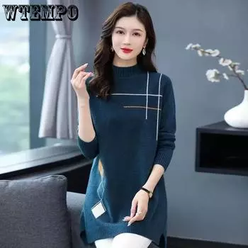 Осень/Зима Женский свитер Пуловер Высокого Качественного Повседневного Универсального Полувысокого Воротника Средней Длины Трикотажное Платье Нижняя Рубашка Женский M синий