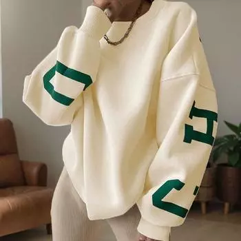 Осень-зима, женский свитер с буквенным принтом, винтажная свободная верхняя одежда, топы с капюшоном, женский повседневный свитшот с круглым вырезом S хаки