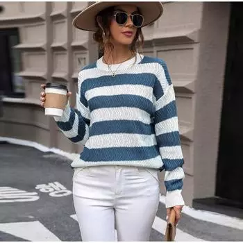 Осень-зима женский свитер с длинным рукавом в полоску модный повседневный стиль женский пуловер S синий