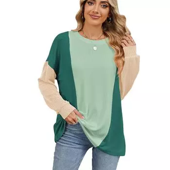 Осень-зима Женский свитер с длинными рукавами Трикотажная одежда Повседневная круглая горловина Лоскутная свободная посадка Пуловеры Большие размеры Топ для женщин S темно-зеленого