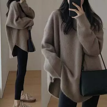 Осень-зима женский свитер с круглым вырезом свободный средней длины с длинным рукавом неровный подол сплошной цвет толстый уютный пуловер женский эластичный верхний свитер коричневый