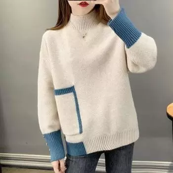 Осень/Зима Женский свитер с круглым вырезом, толстый короткий вязаный свитер, свободный повседневный трикотажный топ с эластичным плетением S синий