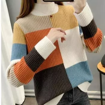 Осень-зима женский свитер с круглым вырезом свободный контрастный вязаный свитер длинный рукав пуловер вязаный джемпер топ S