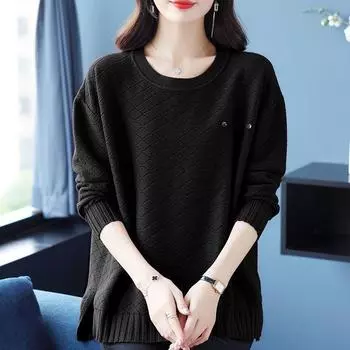 Осень-зима женский свитер с круглым вырезом большого размера, свободный свитер с длинным рукавом, трикотажная одежда, повседневные трикотажные топы, джемпер S темно-коричневого