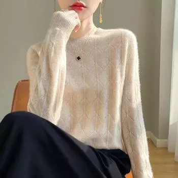 Осень-зима женский свитер с круглым вырезом и ажурным узором шерстяной трикотаж с длинным рукавом однотонный базовый XXL