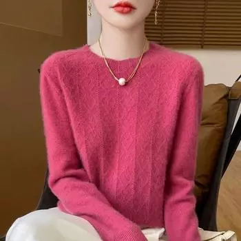 Осень-зима женский свитер с круглым вырезом и ажурным узором из 100% мериносовой шерсти, трикотаж с длинным рукавом, однотонная базовая простая ткань XXXL